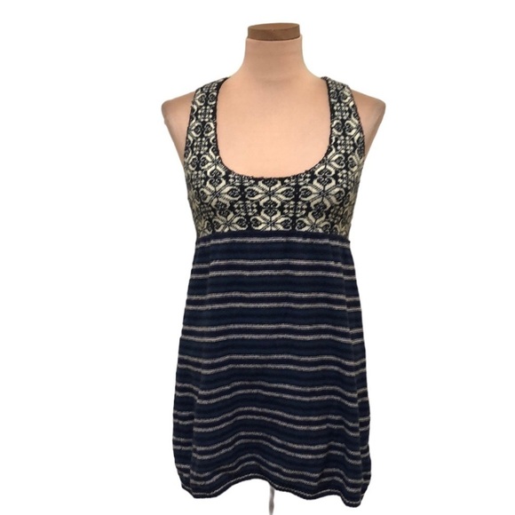 Free People Tank Top Size Small Navy Blue Cream Striped Fairisle - Picture 1 of 11